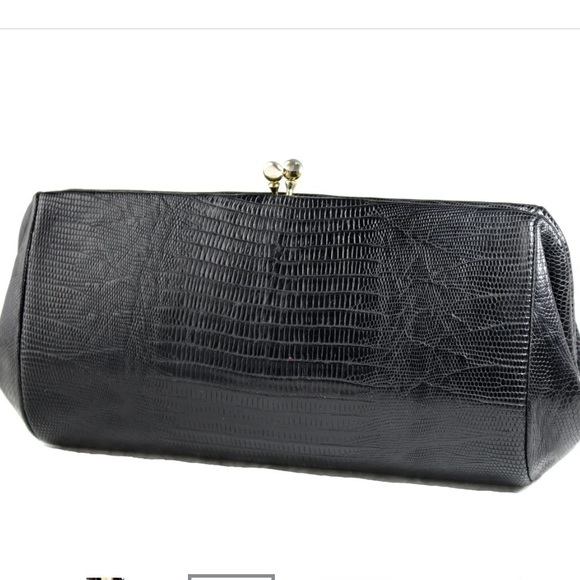 ESCORT vintage black lizard skin  kiss luck clutch purse - Picture 3 of 10